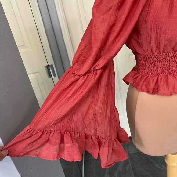 Hint of Blush Crop Peasant Flare Ruffle Sleeve Boho Top - Picture 6 of 8